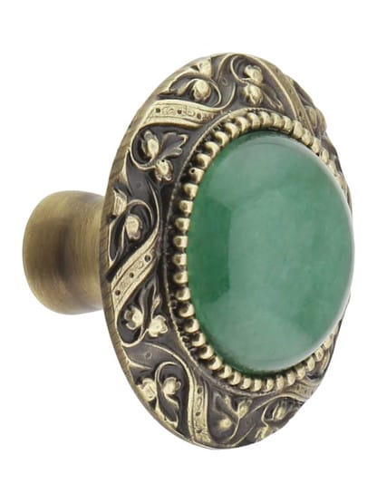 Victorian Cabinet Knob Inset with Green Aventurine - 1 5/16 inch Diameter in Antique Brass.